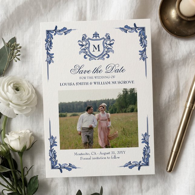 Blue Vintage Crest Monogram Wedding Save The Date (Creator Uploaded)