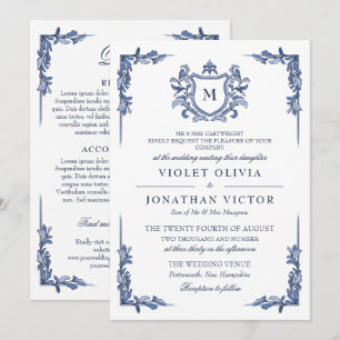 Blue Vintage Crest Monogram Wedding with Details Invitation