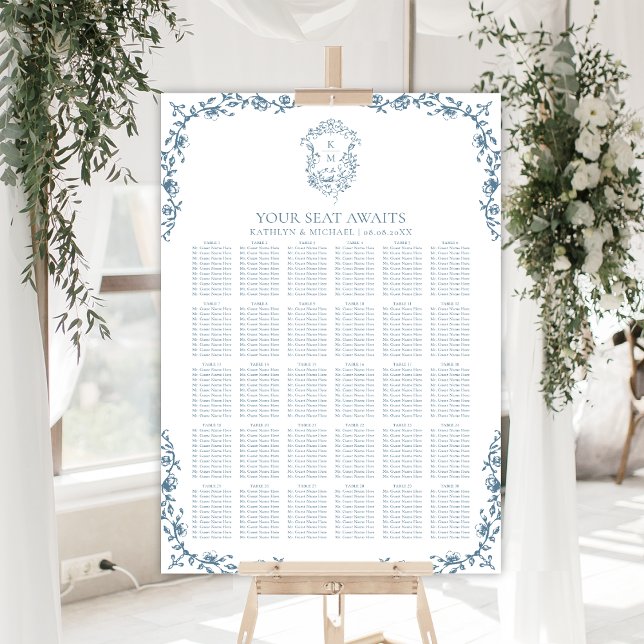 Blue Vintage Crest Wedding 30 Table Seating Poster (Creator Uploaded)