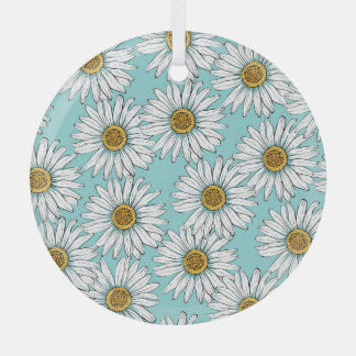 Blue Vintage Daisy Floral Pattern Glass Tree Decoration