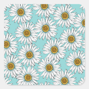 Blue Vintage Daisy Floral Pattern Square Sticker