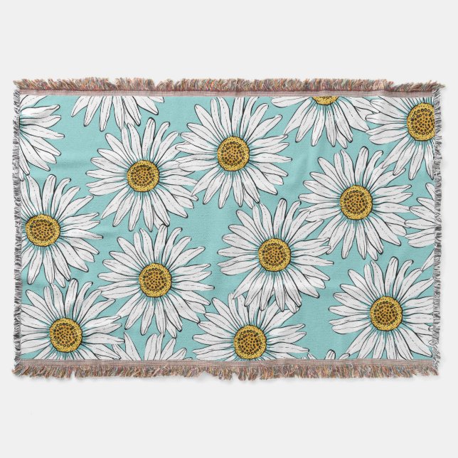 Blue Vintage Daisy Floral Pattern Throw Blanket (Front)
