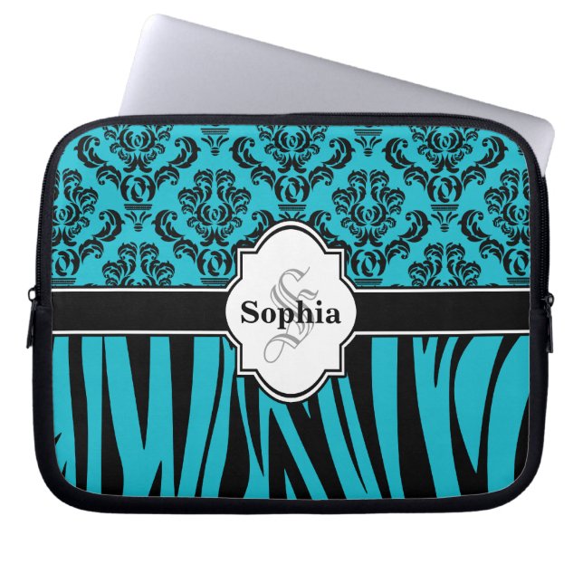 Blue Vintage Damask Cool Zebra Stripes Laptop Sleeve (Front)