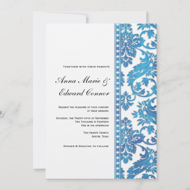 Blue Vintage Damask Lace Wedding Invitation (Front)