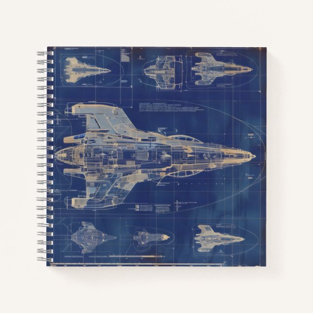 Blue Vintage Diagram Space Ship Notebook (Front)