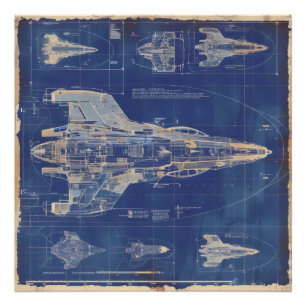 Blue Vintage Diagram Space Ship Photo Print