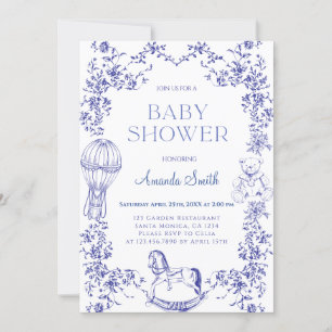 Blue Vintage Elegant Floral Baby Shower Invitation