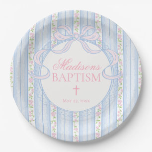 Blue Vintage Fancy Floral Baptism Paper Plate