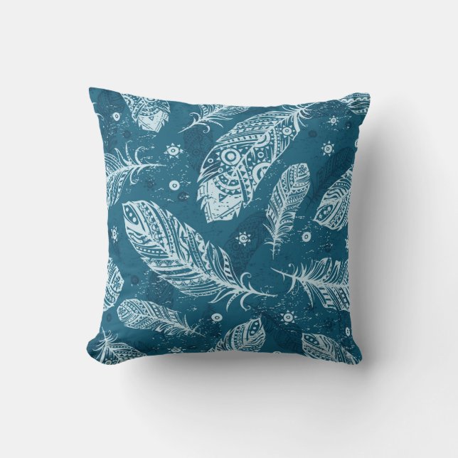 Blue vintage feather pattern cushion (Front)