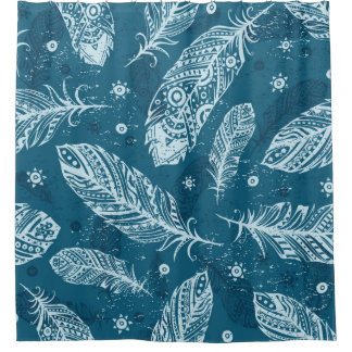 Blue vintage feather pattern shower curtain