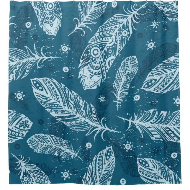 Blue vintage feather pattern shower curtain (Front)