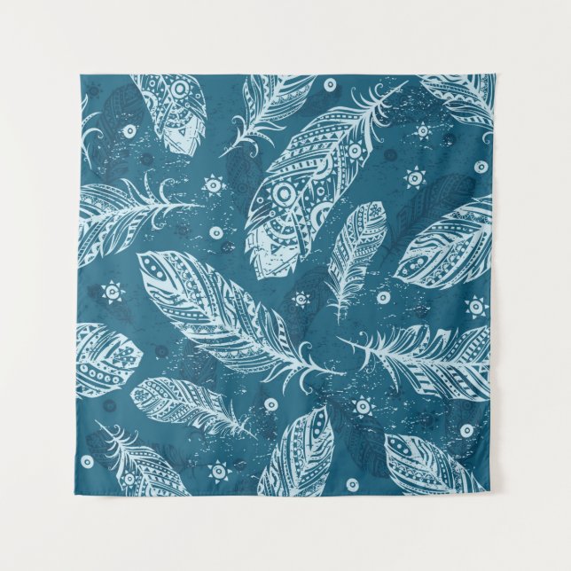 Blue vintage feather pattern tapestry (Front)