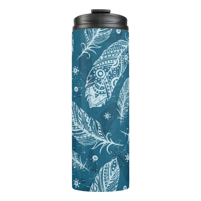 Blue vintage feather pattern thermal tumbler (Front)