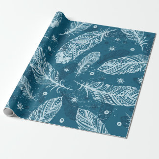 Blue vintage feather pattern wrapping paper