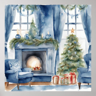 Blue Vintage Festive Room by Christmas Atmosphere Poster