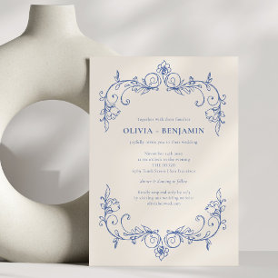 Blue Vintage Floral Border Wedding Website RSVP Invitation