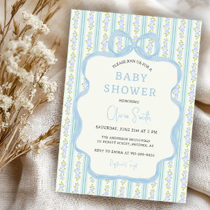 Blue Vintage Floral Bow Boy Baby Shower Invitation