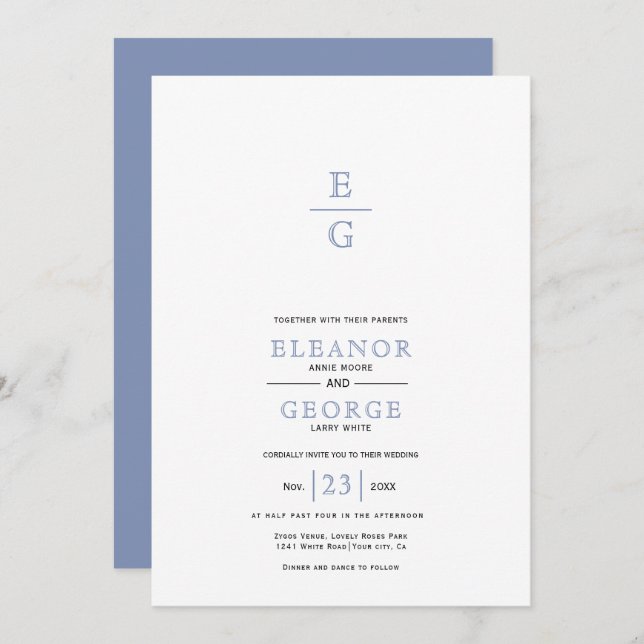 Blue vintage floral crest initials wedding invitation (Front/Back)