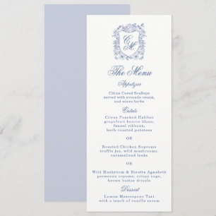 Blue Vintage Floral Crest Wedding Long Menu Card