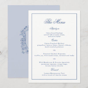 Blue Vintage Floral Crest Wedding Menu Card