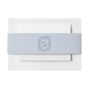 Blue Vintage Floral Crest Wedding Monogram Invitation Belly Band