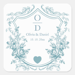 Blue Vintage Floral Crest Wedding Monogram Square Sticker