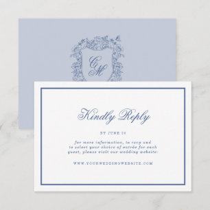 Blue Vintage Floral Crest Wedding Online RSVP Card