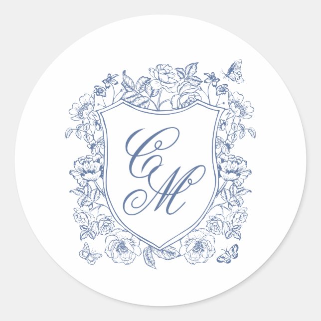 Blue Vintage Floral Crest Wedding Round Sticker (Front)