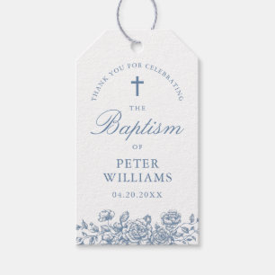 Blue Vintage Floral Cross Baptism Thank You Favour Gift Tags
