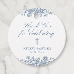 Blue Vintage Floral Cross Baptism Thank You Gift Favour Tags