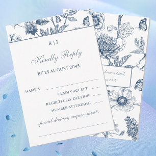 Blue Vintage Floral French Christian Wedding RSVP 