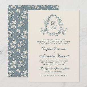 Blue Vintage Floral Monogrammed Wedding Invitation
