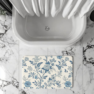 Blue Vintage Floral Pattern Bath Mat