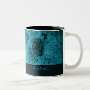 Blue Vintage Floral Pattern Custom Name Two-Tone Coffee Mug