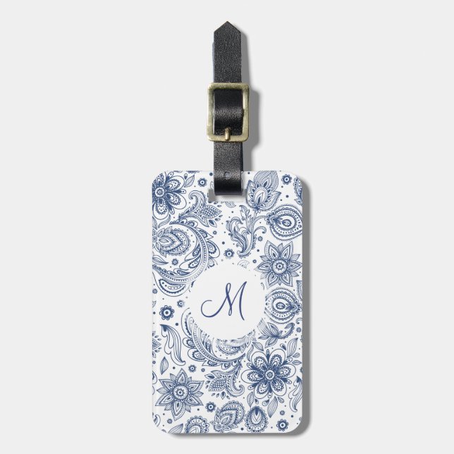 Blue Vintage Floral Pattern Monogram Luggage Tag (Front Vertical)