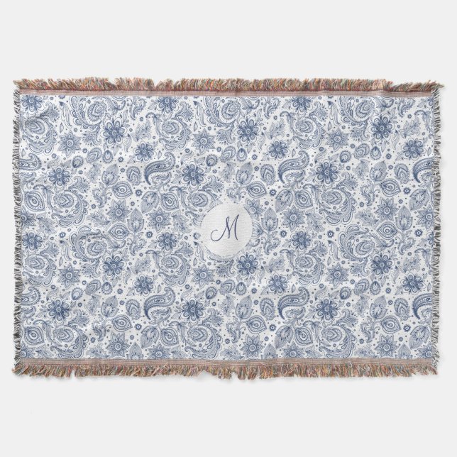 Blue Vintage Floral Pattern Monogram T Blanket (Front)