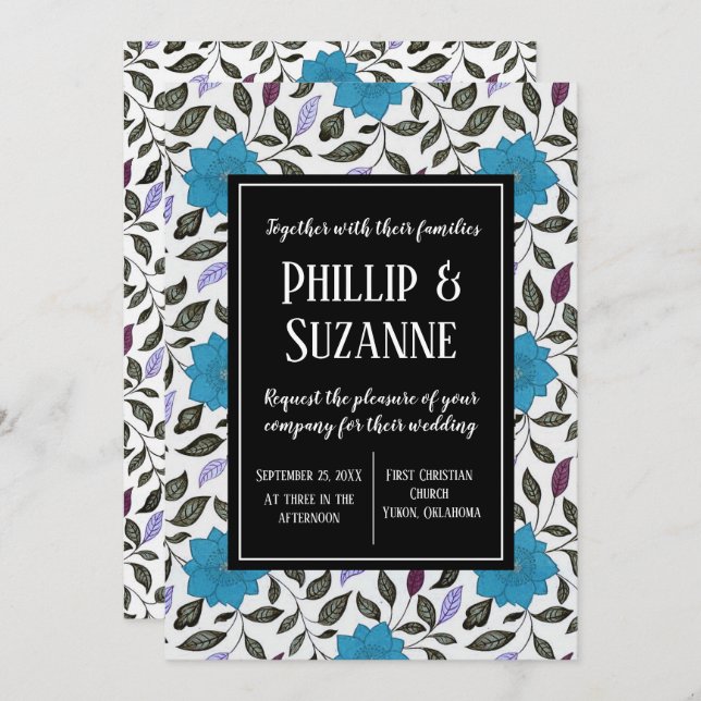 Blue Vintage Floral Pattern Wedding Invitation (Front/Back)