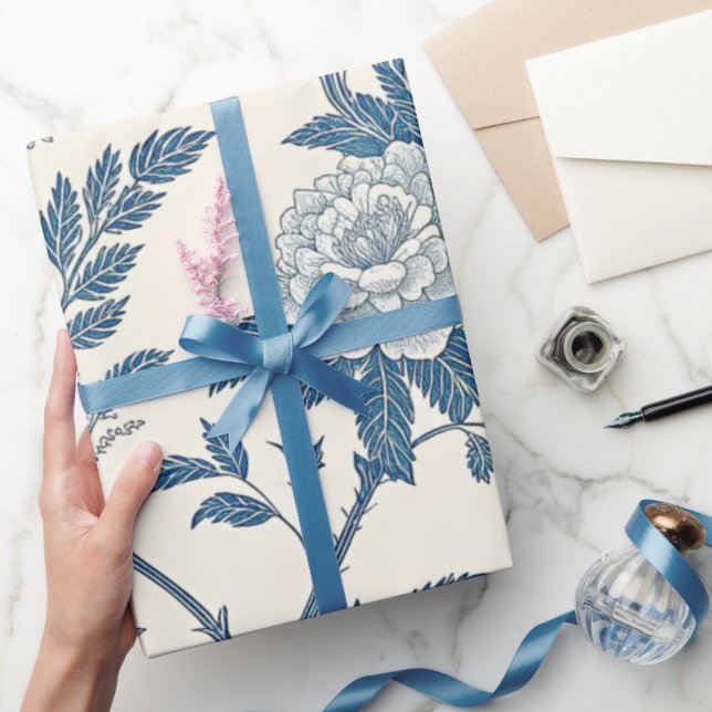 Blue Vintage Floral Pattern Wrapping Paper (Gifting)