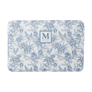 Blue Vintage Floral Toile de Jouy French Monogram Bath Mat