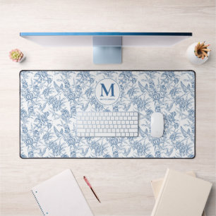 Blue Vintage Floral Toile de Jouy French Monogram Desk Mat
