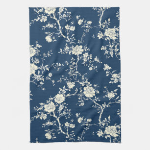 Blue Vintage Floral Toile Pattern (11) Tea Towel