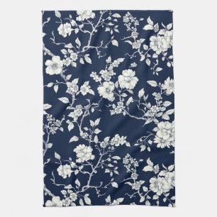 Blue Vintage Floral Toile Pattern (12) Tea Towel