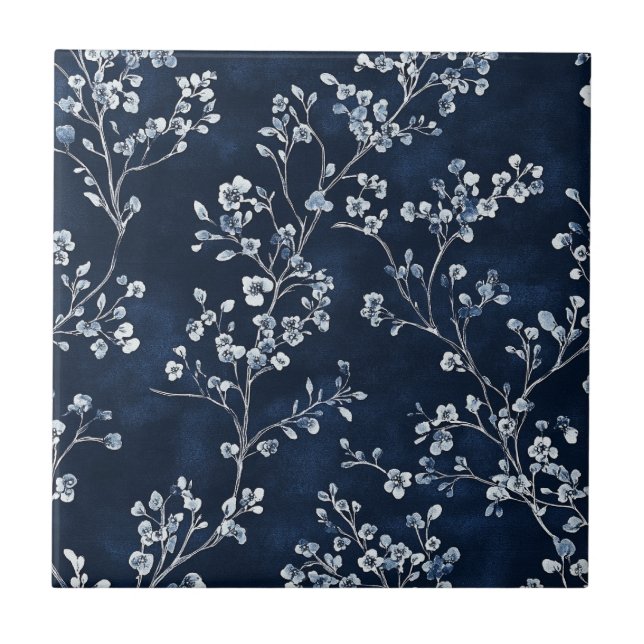 Blue Vintage Floral Toile Pattern (13) Tile (Front)