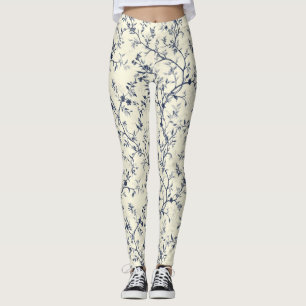 Blue Vintage Floral Toile Pattern (1) Leggings