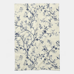 Blue Vintage Floral Toile Pattern (1) Tea Towel