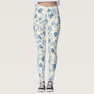 Blue Vintage Floral Toile Pattern (3) Leggings