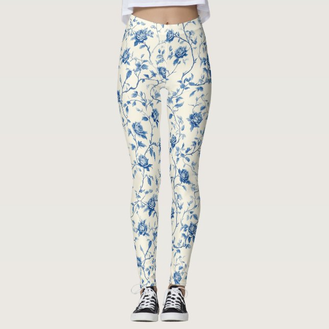 Blue Vintage Floral Toile Pattern (3) Leggings (Front)