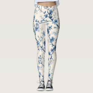 Blue Vintage Floral Toile Pattern (4) Leggings