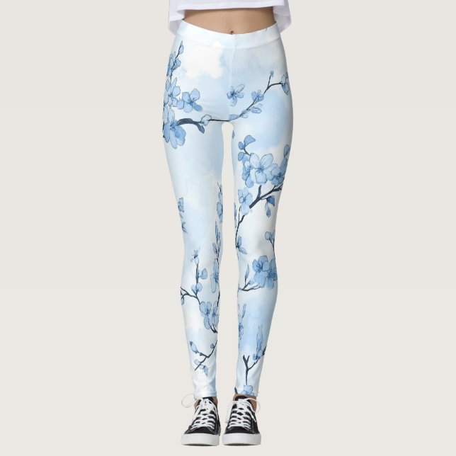 Blue Vintage Floral Toile Pattern (8) Leggings (Front)