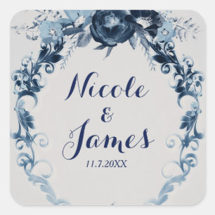 Blue Vintage Flowers Elegant Floral Wedding Favour Square Sticker